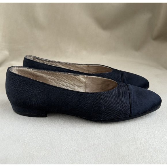 Chanel Ballet Flats Ballerina 37.5 Black Satin Denim Leather Cap Toe - Picture 2 of 11